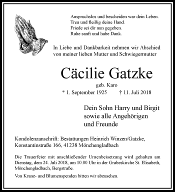 Traueranzeige von Cäcilie Gatzke von trauer.extra-tipp-moenchengladbach.de