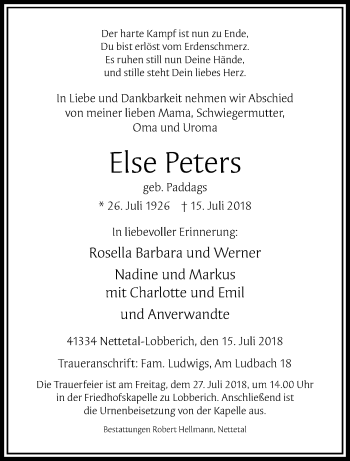 Traueranzeige von Else Peters von trauer.extra-tipp-moenchengladbach.de