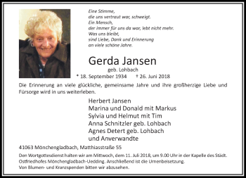 Traueranzeige von Gerda Jansen von trauer.extra-tipp-moenchengladbach.de