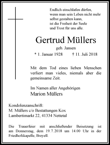 Traueranzeige von Gertrud Müllers von trauer.extra-tipp-moenchengladbach.de