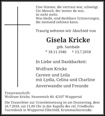 Traueranzeige von Gisela Kricke von trauer.wuppertaler-rundschau.de