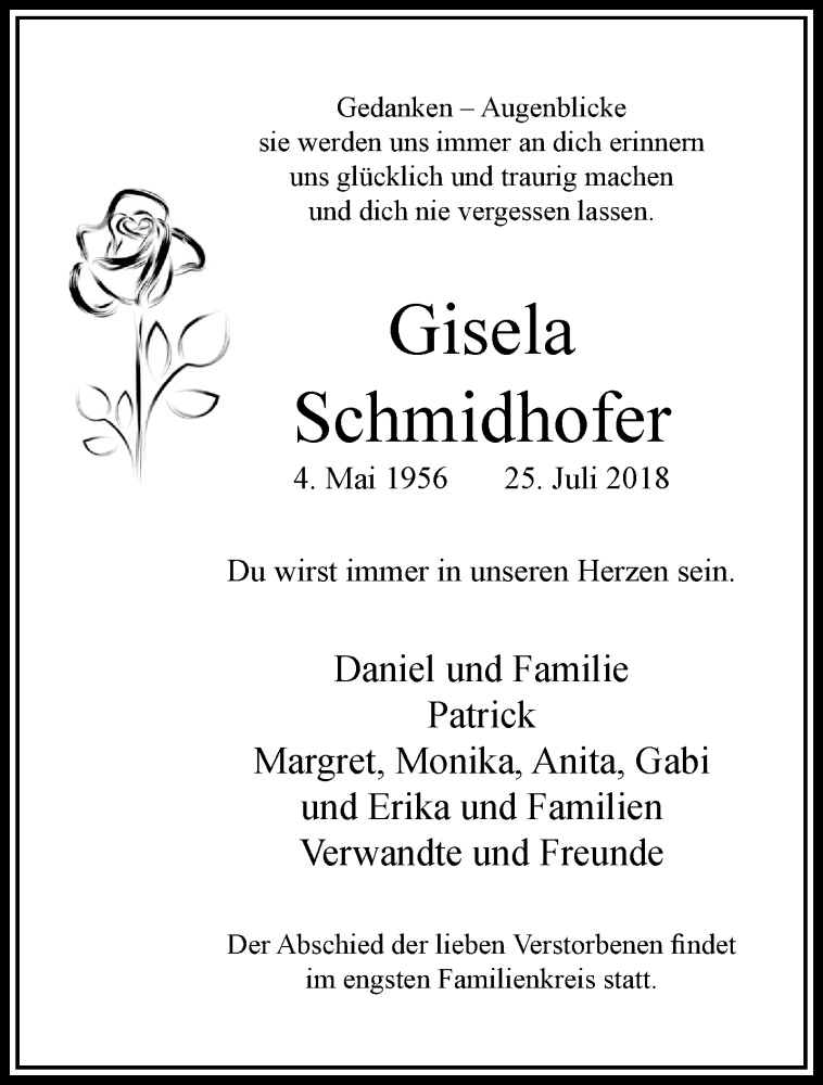  Traueranzeige für Gisela Schmidhofer vom 29.07.2018 aus trauer.extra-tipp-moenchengladbach.de