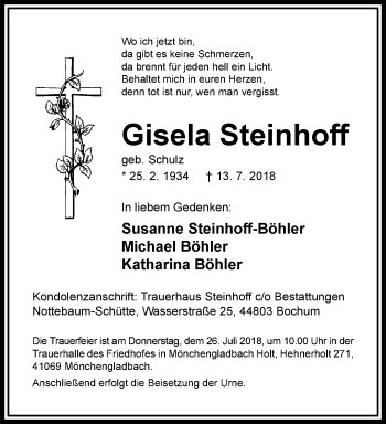 Traueranzeige von Gisela Steinhoff von trauer.extra-tipp-moenchengladbach.de