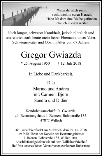 Traueranzeige von Gregor Gwiazda von trauer.extra-tipp-moenchengladbach.de