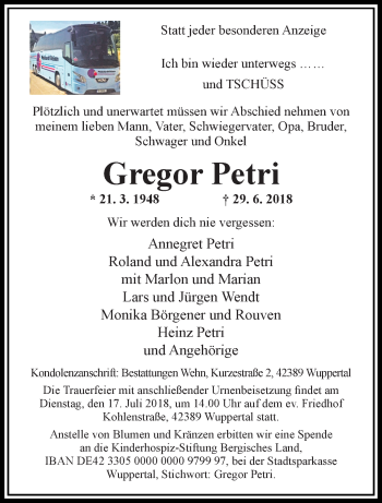 Traueranzeige von Gregor Petri von trauer.wuppertaler-rundschau.de