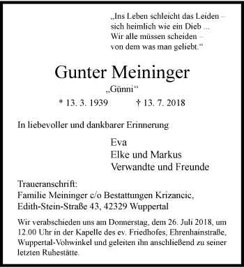 Traueranzeige von Gunter Meininger von trauer.wuppertaler-rundschau.de