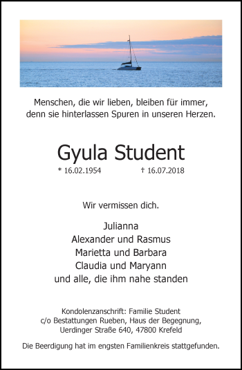 Traueranzeige von Gyula Student von trauer.mein.krefeld.de