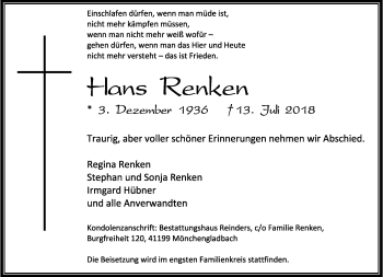 Traueranzeige von Hans Renken von trauer.extra-tipp-moenchengladbach.de