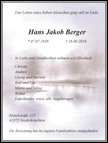 Traueranzeige von Hans Jakob Berger von trauer.extra-tipp-moenchengladbach.de