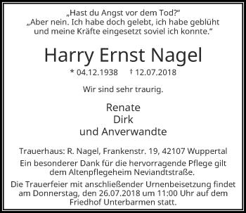 Traueranzeige von Harry Ernst Nagel von trauer.wuppertaler-rundschau.de