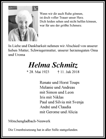 Traueranzeige von Helma Schmitz von trauer.extra-tipp-moenchengladbach.de