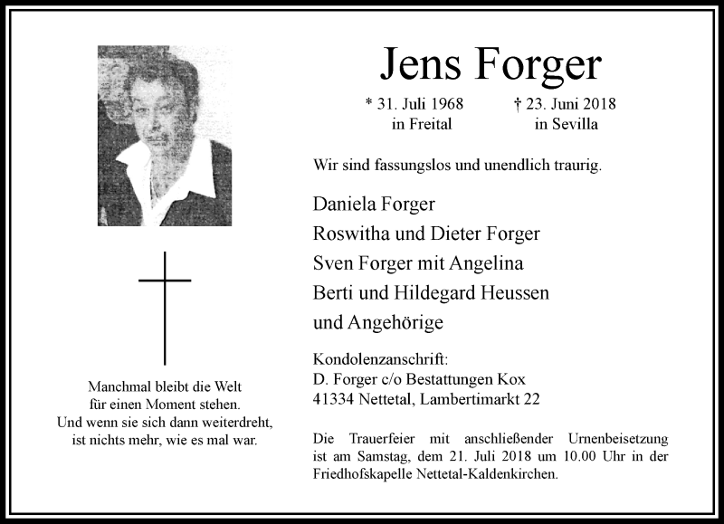  Traueranzeige für Jens Forger vom 15.07.2018 aus trauer.extra-tipp-moenchengladbach.de