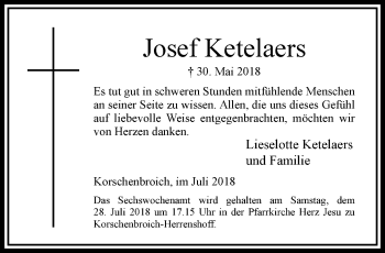 Traueranzeige von Josef Ketelaers von trauer.extra-tipp-moenchengladbach.de