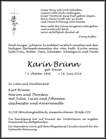 Traueranzeige von Karin Brünn von trauer.extra-tipp-moenchengladbach.de