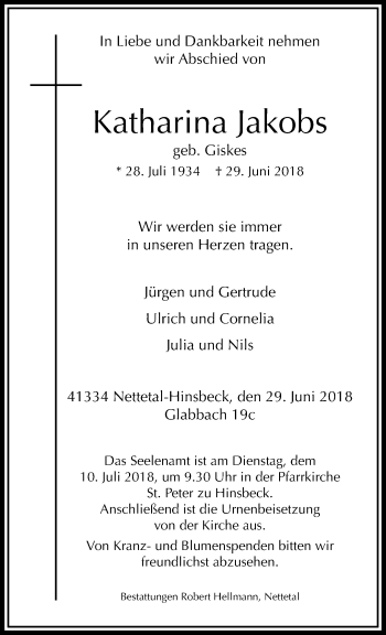 Traueranzeige von Katharina Jakobs von trauer.extra-tipp-moenchengladbach.de