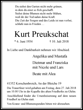Traueranzeige von Kurt Preukschat von trauer.extra-tipp-moenchengladbach.de