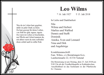 Traueranzeige von Leo Wilms von trauer.extra-tipp-moenchengladbach.de