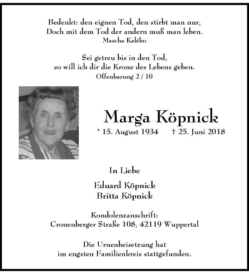 Traueranzeige für Marga Köpnick vom 28.07.2018 aus trauer.wuppertaler-rundschau.de