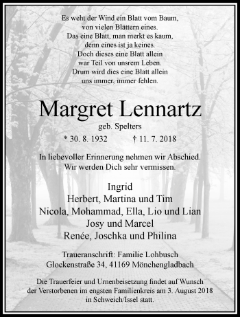 Traueranzeige von Margret Lennartz von trauer.extra-tipp-moenchengladbach.de