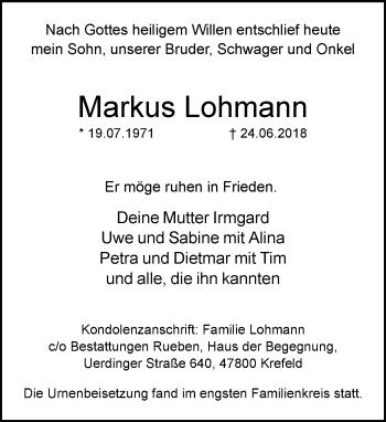 Traueranzeige von Markus Lohmann von trauer.mein.krefeld.de