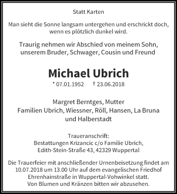 Traueranzeige von Michael Ubrich von trauer.wuppertaler-rundschau.de