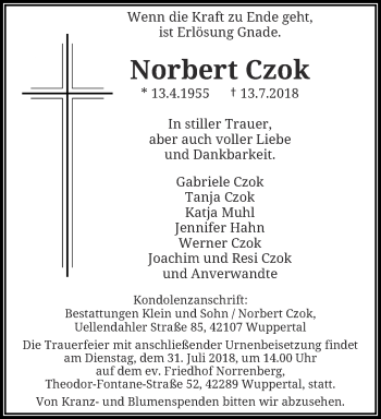 Traueranzeige von Norbert Czok von trauer.wuppertaler-rundschau.de