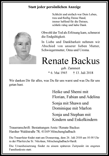 Traueranzeige von Renate Backus von trauer.extra-tipp-moenchengladbach.de