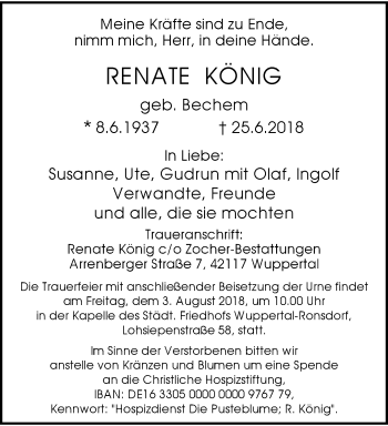Traueranzeige von Renate König von trauer.wuppertaler-rundschau.de