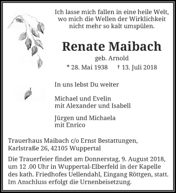 Traueranzeige von Renate Maibach von trauer.wuppertaler-rundschau.de