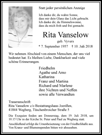 Traueranzeige von Rita Vanselow von trauer.extra-tipp-moenchengladbach.de