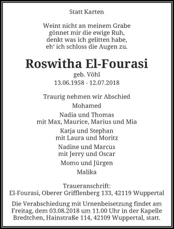 Traueranzeige von Roswitha El-Fourasi von trauer.wuppertaler-rundschau.de