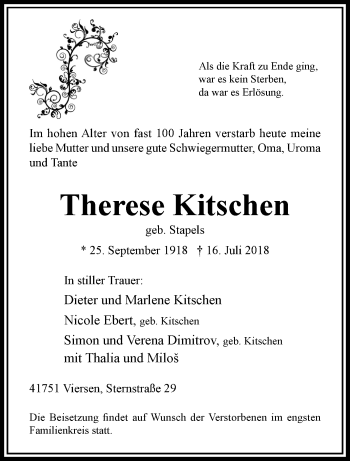 Traueranzeige von Therese Kitschen von trauer.extra-tipp-moenchengladbach.de