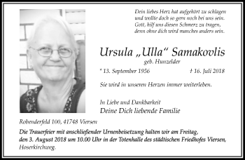 Traueranzeige von Ursula Ulla Samakovlis von trauer.extra-tipp-moenchengladbach.de