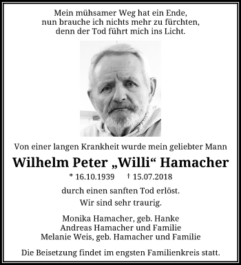 Traueranzeige von Wilhelm Peter Hamacher von trauer.wuppertaler-rundschau.de