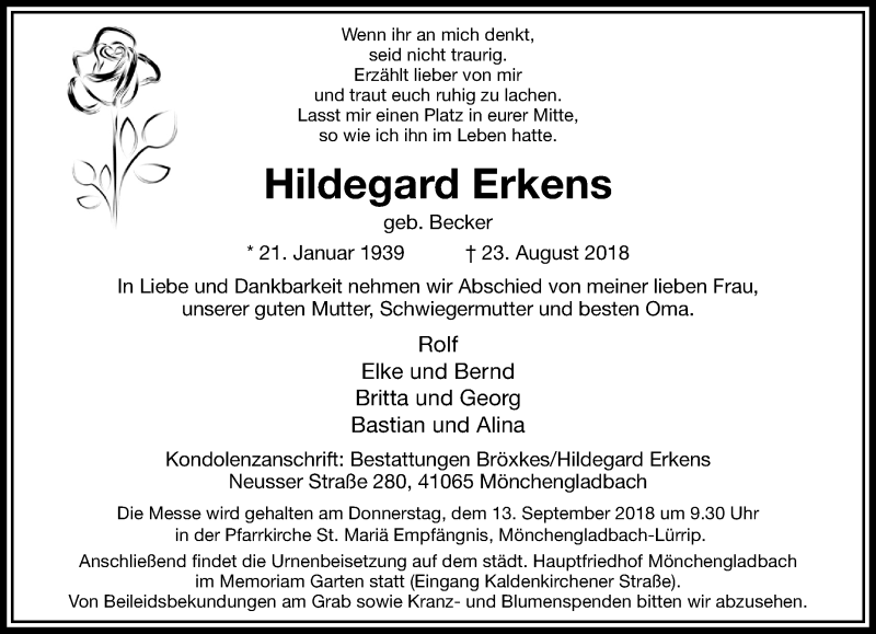  Traueranzeige für Hildegard Erkens vom 09.09.2018 aus trauer.extra-tipp-moenchengladbach.de