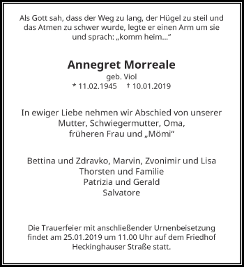 Traueranzeige von Annegret Morreale von trauer.wuppertaler-rundschau.de