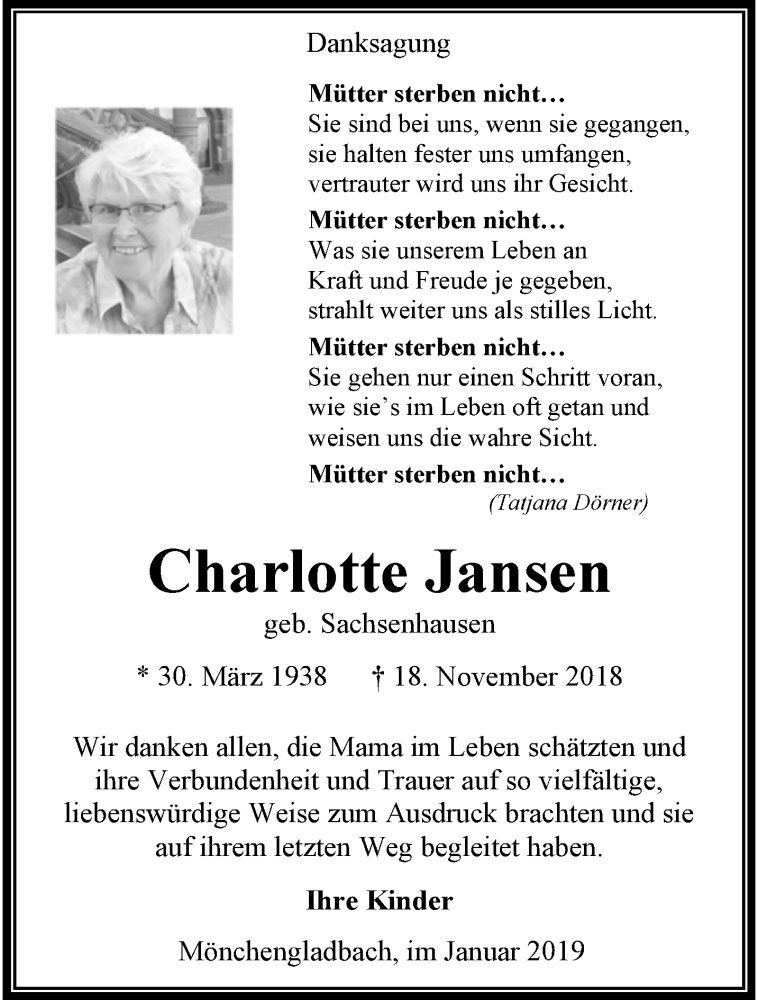  Traueranzeige für Charlotte Jansen vom 27.01.2019 aus trauer.extra-tipp-moenchengladbach.de