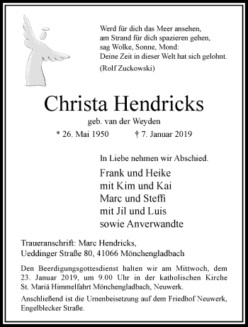 Traueranzeige von Christa Hendricks von trauer.extra-tipp-moenchengladbach.de