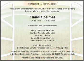 Traueranzeige von Claudia Zeimet von trauer.wuppertaler-rundschau.de
