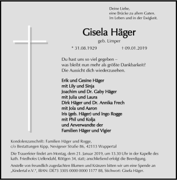 Traueranzeige von Gisela Häger von trauer.wuppertaler-rundschau.de