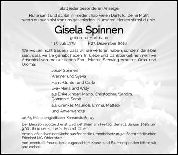 Traueranzeige von Gisela Spinnen von trauer.extra-tipp-moenchengladbach.de