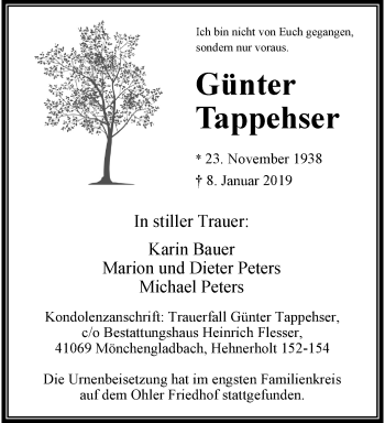 Traueranzeige von Günter Tappehser von trauer.extra-tipp-moenchengladbach.de