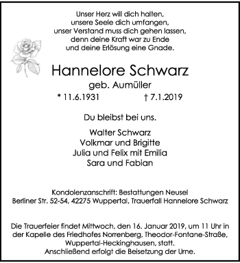 Traueranzeige von Hannelore Schwarz von trauer.wuppertaler-rundschau.de