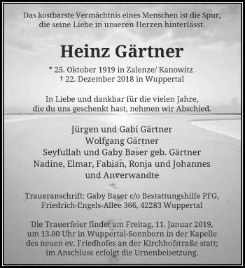 Traueranzeige von Heinz Gärtner von trauer.wuppertaler-rundschau.de