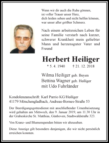 Traueranzeige von Herbert Heiliger von trauer.extra-tipp-moenchengladbach.de