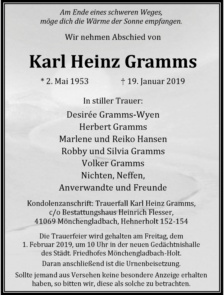  Traueranzeige für Karl Heinz Gramms vom 27.01.2019 aus trauer.extra-tipp-moenchengladbach.de