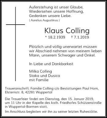 Traueranzeige von Klaus Colling von trauer.wuppertaler-rundschau.de