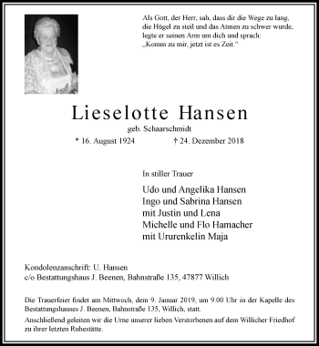 Traueranzeige von Lieselotte Hansen von trauer.extra-tipp-moenchengladbach.de