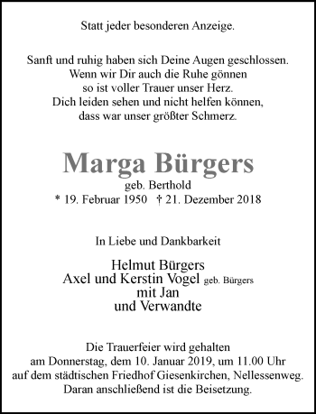 Traueranzeige von Marga Bürgers von trauer.extra-tipp-moenchengladbach.de