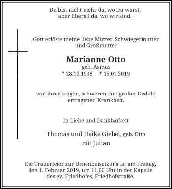 Traueranzeige von Marianne Otto von trauer.wuppertaler-rundschau.de